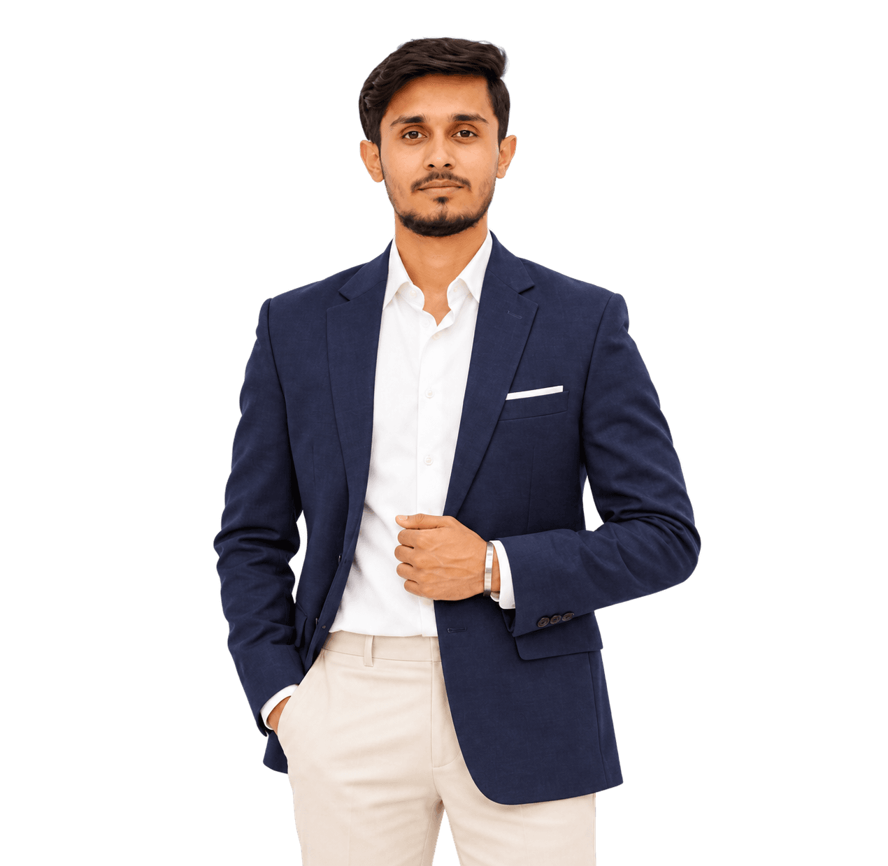 Arsal, graphic designer, in a navy suit